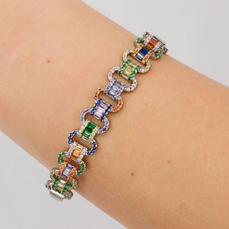 Bracelete Cravejado com Zircônias Coloridas Banho de Ródio Branco
