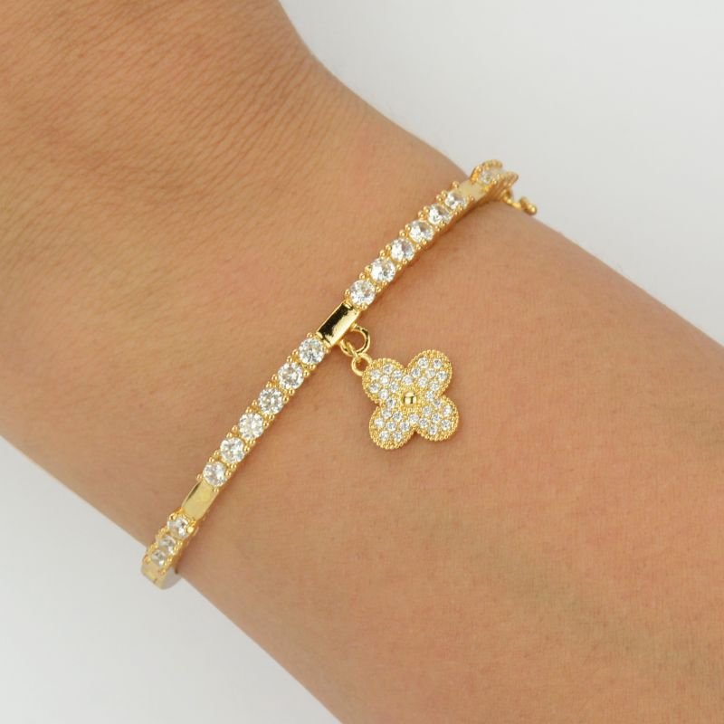 Bracelete Réplica com Zircônias e Pingente Trevo