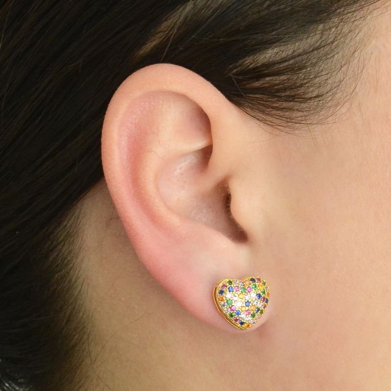 Brincos Coração Cravejado com Zircônias Coloridas