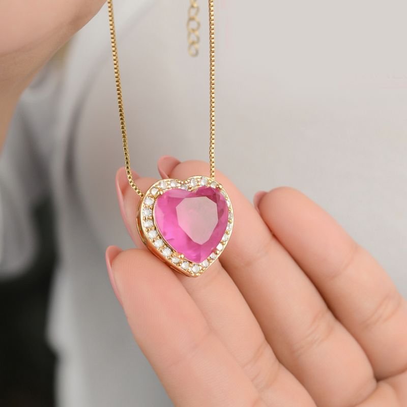 Colar Coração Veneziana com Pingente Coração Pedra Fusion Fucsia