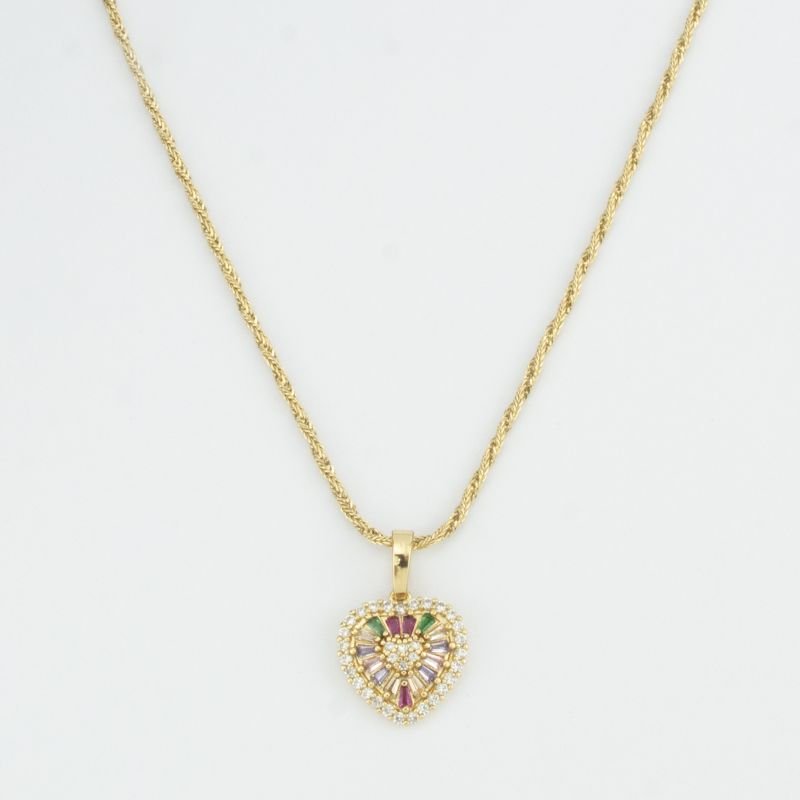 Colar Trançado com Pingente Coração com Navetes Coloridas com Zircônias