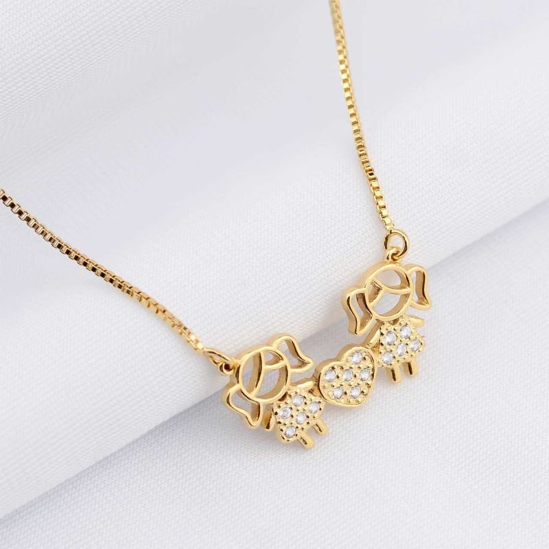 Colar Veneziana com Pingente Coração + 2 Meninas Cravejadas com Zircônias