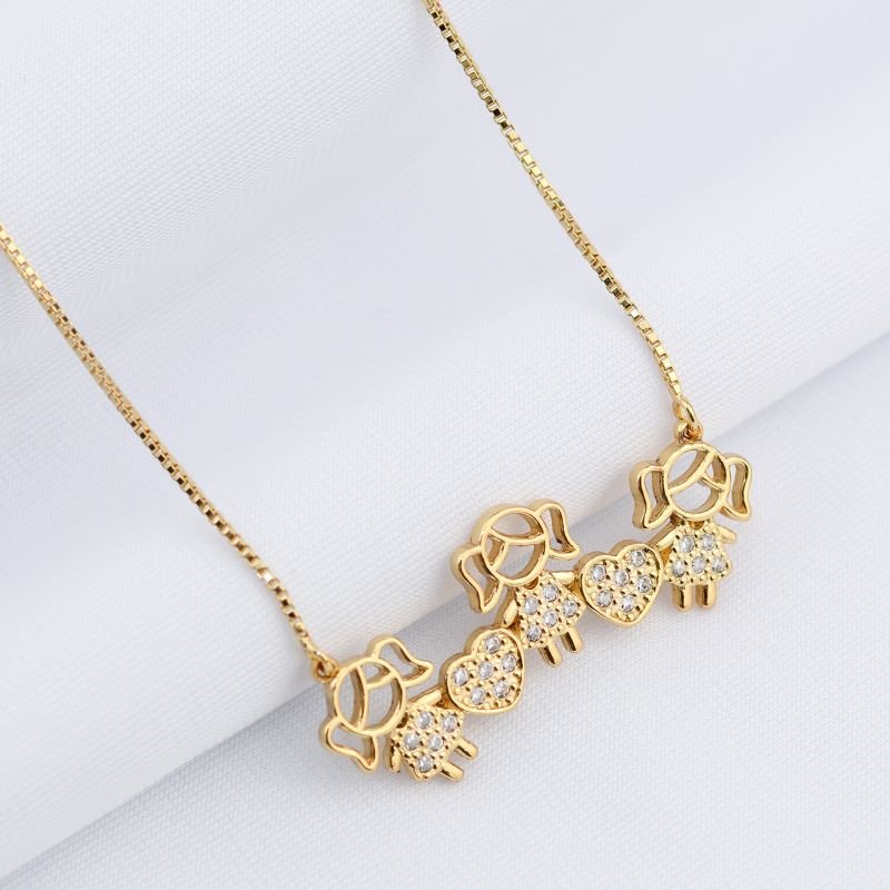 Colar Veneziana Coração + 3 Meninas Cravejadas com Zircônias
