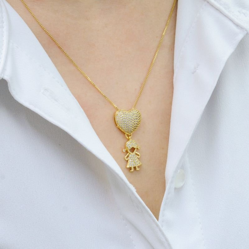 Colar Veneziana Pingente Coração e Menina Cravejada com Zircônias
