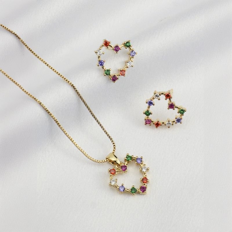 Conjunto de Brincos e Colar com Coração Vazado Colorido