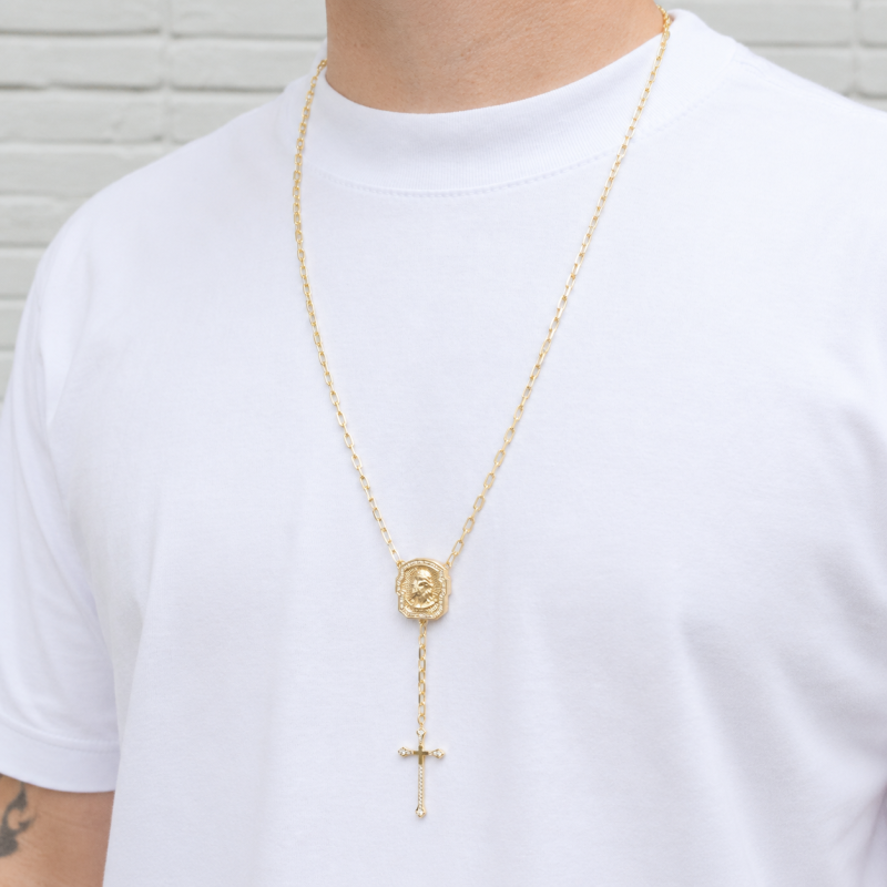 Escapulário Terço Cadeado 4mm Jesus Cristo e Cruz Cravejados com Zircônias
