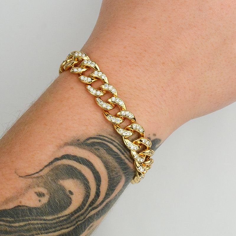 Pulseira Grumet com Elos Cravejados 12mm Fecho Gaveta Ouro 18k