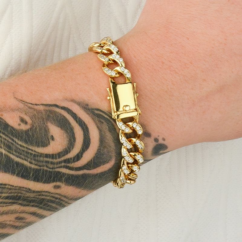 Pulseira Grumet com Elos Cravejados 12mm Fecho Gaveta Ouro 18k