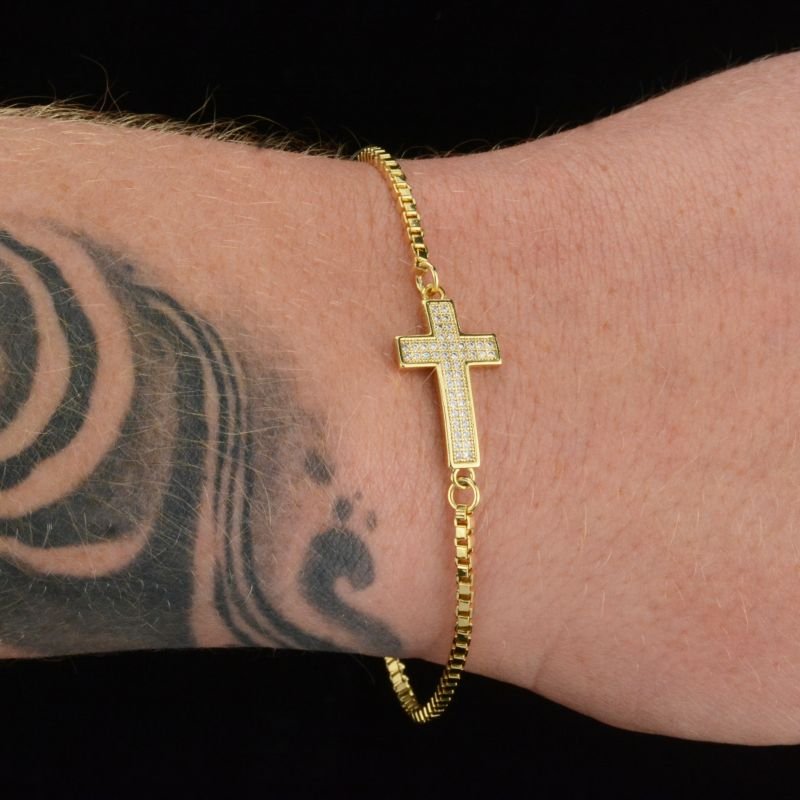 Pulseira Veneziana 2mm com Cruz Cravejada Fecho Lagosta