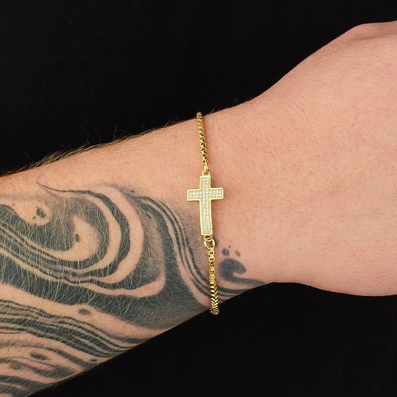 Pulseira Veneziana 2mm com Cruz Cravejada Fecho Lagosta